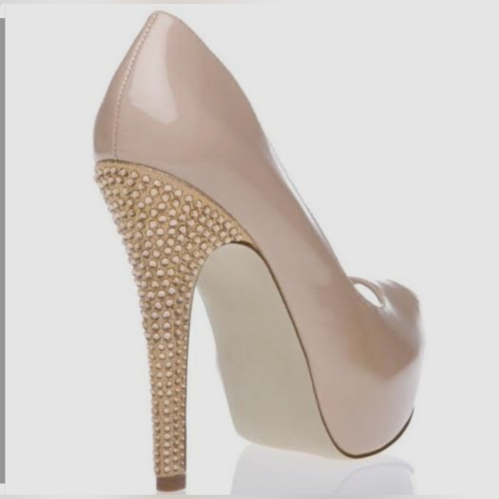 Nude Patent Leather Peeptoe w/ Stilleto Rhinestone Heel- Size 8.5 NEW IN BOX